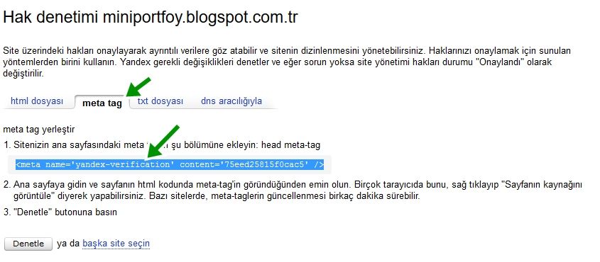 yandex site doğrulama