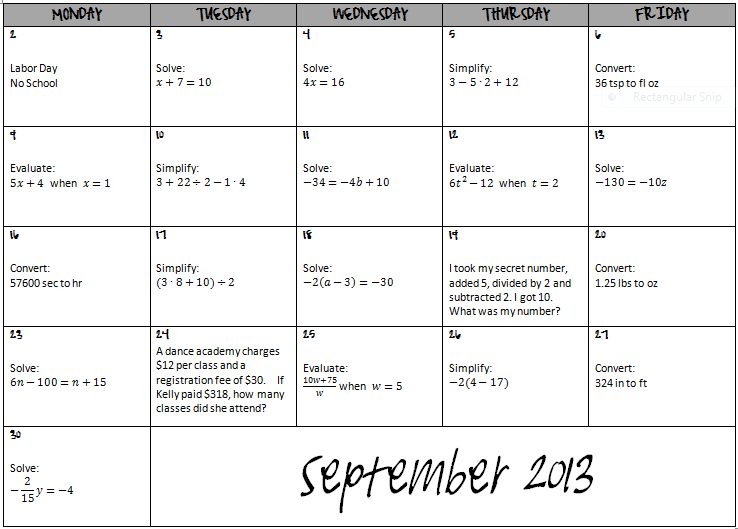Restructuring Algebra Warmup Calendar