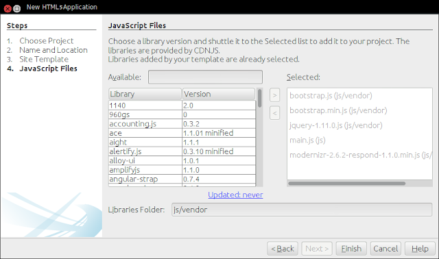 Kotak dialog pengaturan untuk menambahkan pustaka-pustaka Javascript dan jQuery ke proyek aplikasi HTML5 di NetBeans IDE 8.0