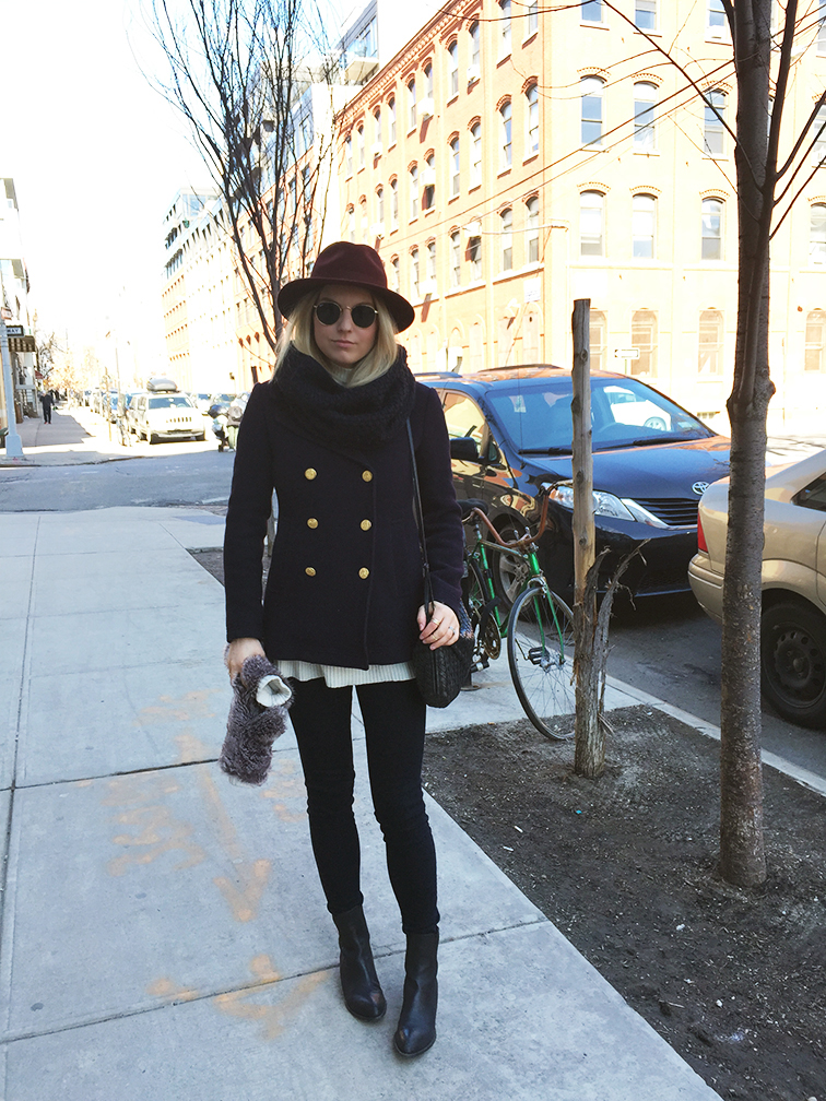 Fashion Over Reason, transitional weather, JCrew majesty pea coat, Alexander Wang Anouk boots, J Brand Maria Photo Ready jeans, Bailey of Hollywood wide brim hat