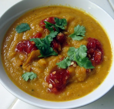 carrot and white bean soup with cilantro and sambal oelek