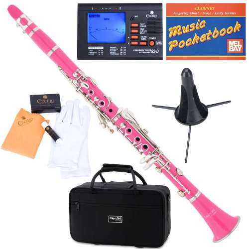 Mendini MCT-PK+SD+PB+92D Pink ABS B Flat Clarinet with Tuner, Case, Stand, Mouthpiece, 10 Reeds and More
