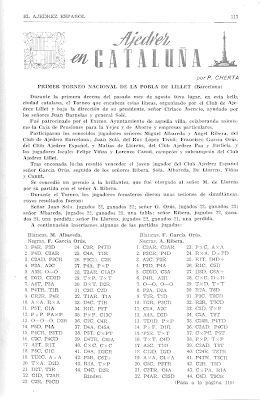Recorte de la revista El Ajedrez Español sobre el I Torneo Nacional de Ajedrez de La Pobla de Lillet 1955
