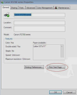 Print test page tab printer canon