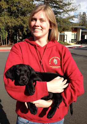 Gina (wearing a red sweatshirt) smiles holding a young black Lab puppy in her arms. Gina (wearing a red sweatshirt) smiles holding a young black Lab puppy in her arms.