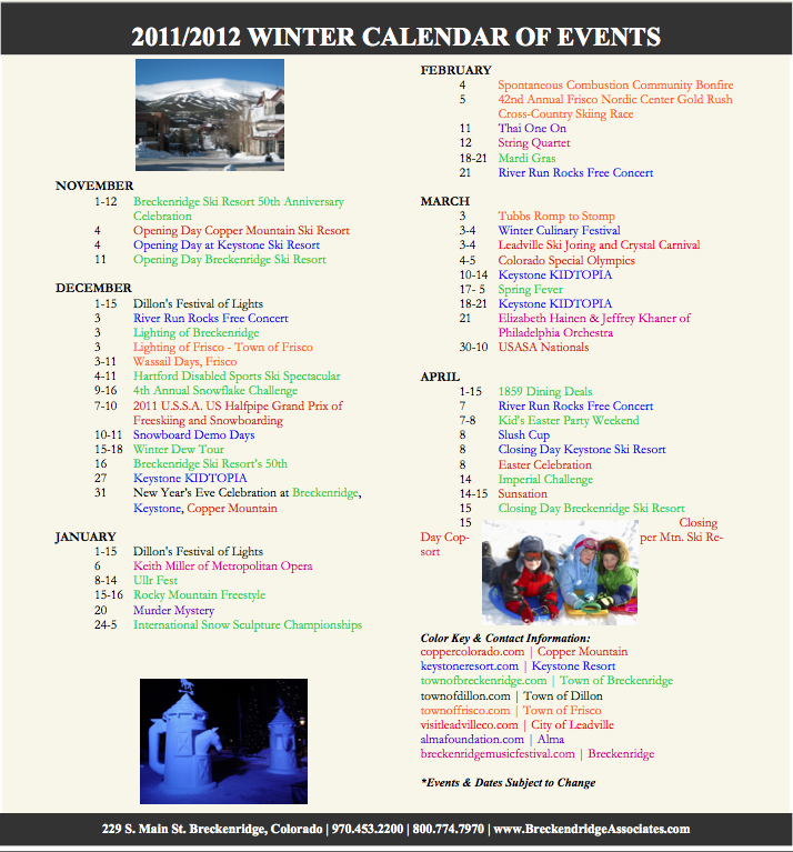 Breckenridge & Summit County Events Calendar, Winter 20112012