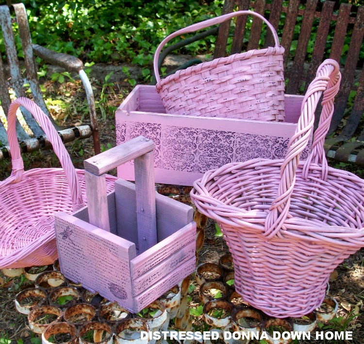 Rust-Oleum spray paint, Sweet Pea Pink, baskets, boxes, tool caddies, distressed painting, makeovers