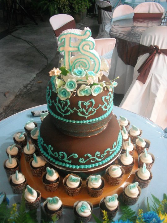 2tiers Fondant Wedding Cake Teal Tiffany Blue and Brown 