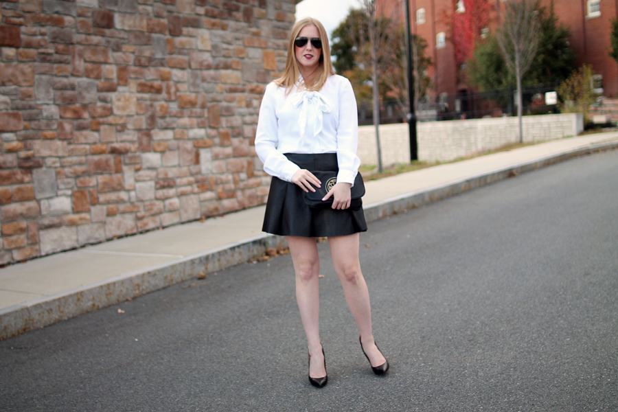 faux leather pleated skater skirt, boston fashion blogger, boston style blog, boston fashion blog, black and white looks, black and white style