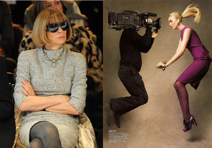 Anna chatiada com o barrigudo na foto com Carol Trentini FASHION DOC - THE SEPTEMBER ISSUE_Anna Wintour_filme de moda_documentário de moda_mundo da moda_por detrás da revista Vogue_Carol Trentini_ensaio com câmera barrigudo_correção de photoshop