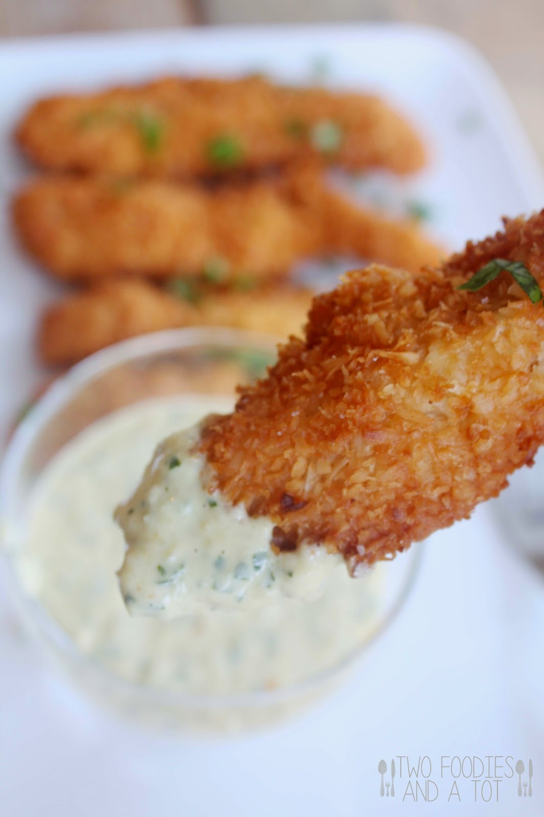 Two foodies and a tot Coconut chicken strips with honey mango sauce