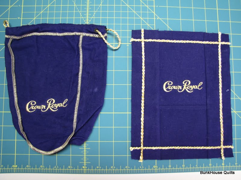 taking these Crown Royal Bags and turning them into quilt blocks.