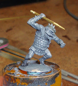 Fig.12 The spear installed with superglue into the hand of a miniature, in this case a Tom Meier goblin. 