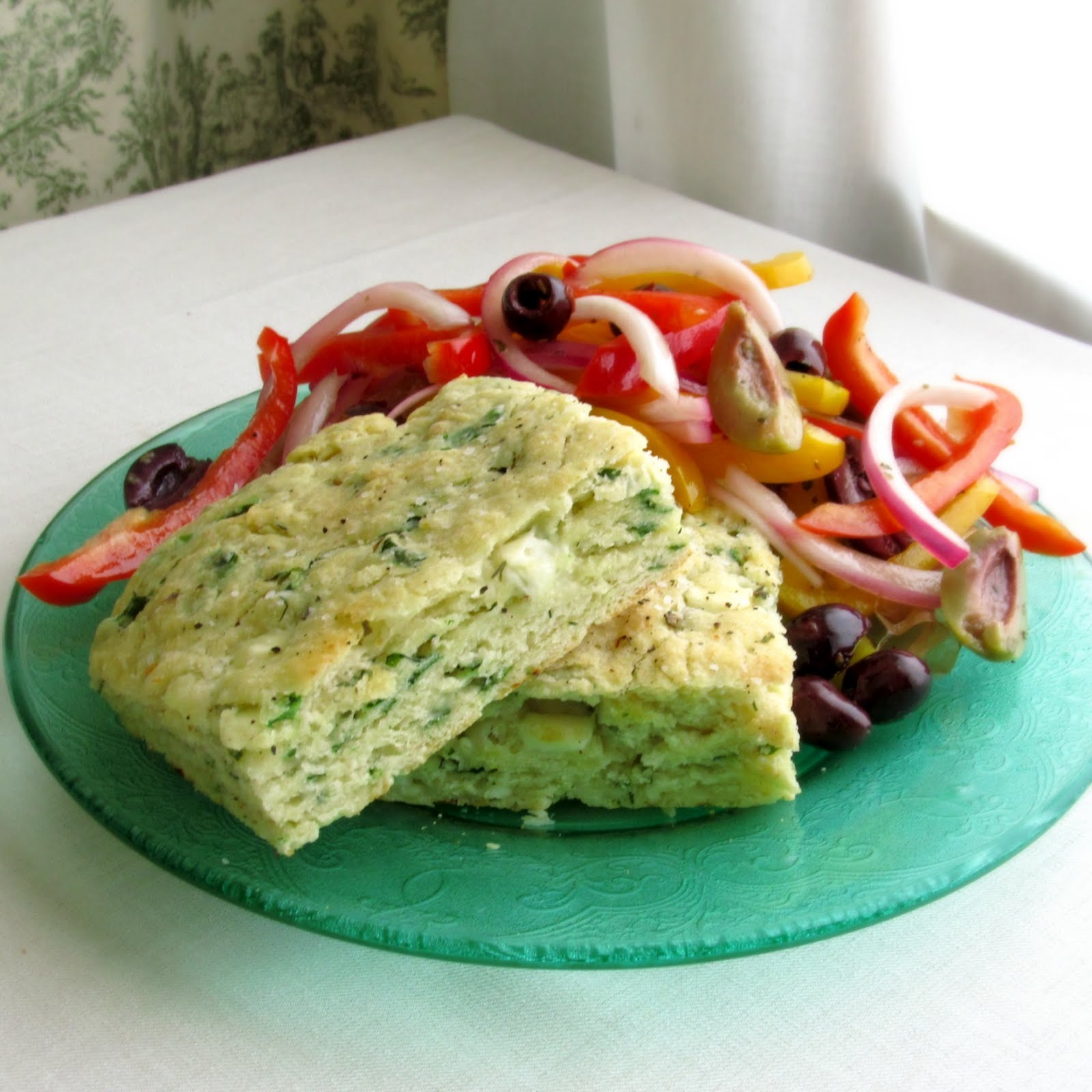 Rise and Shine Spinach Feta Quick Bread with Sweet Pepper and Olive Salad