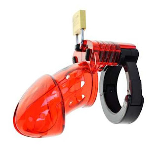 clear red plastic male chastity device with padlock