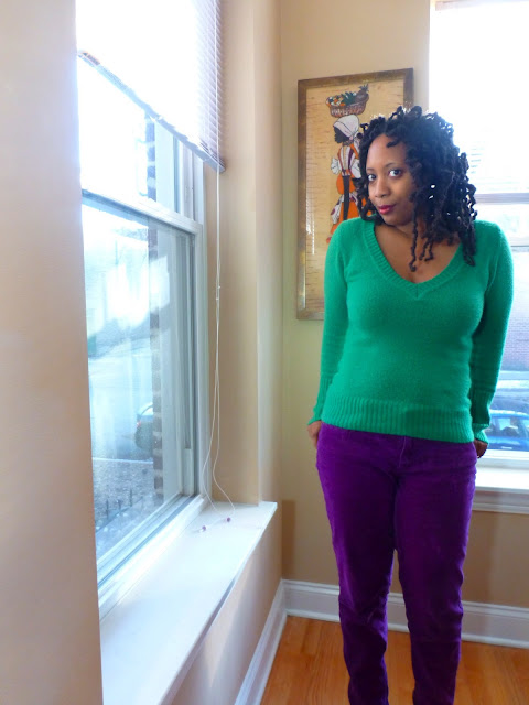 Green Sweater and Purple Cords