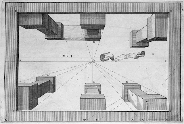 artist/gemetric schematic of aerial perspective view looking down over 6 architectural column-like figures
