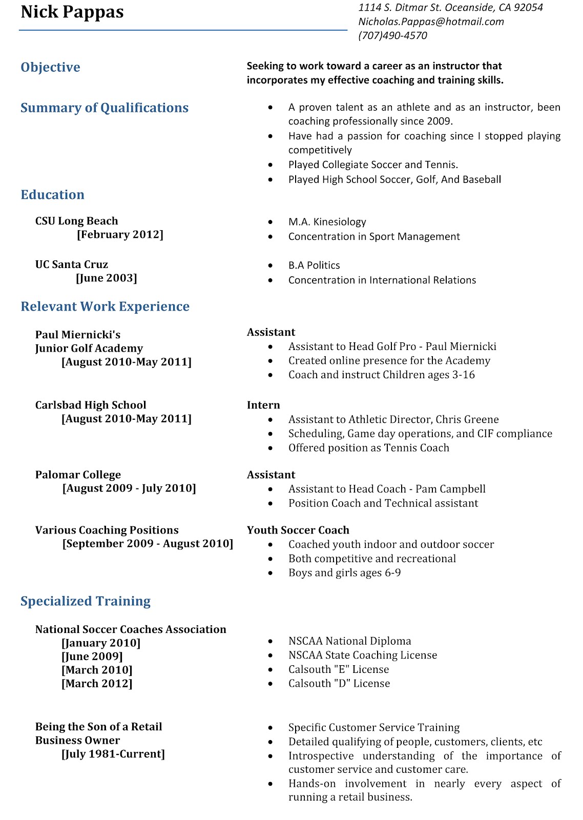 Sports management sample resume