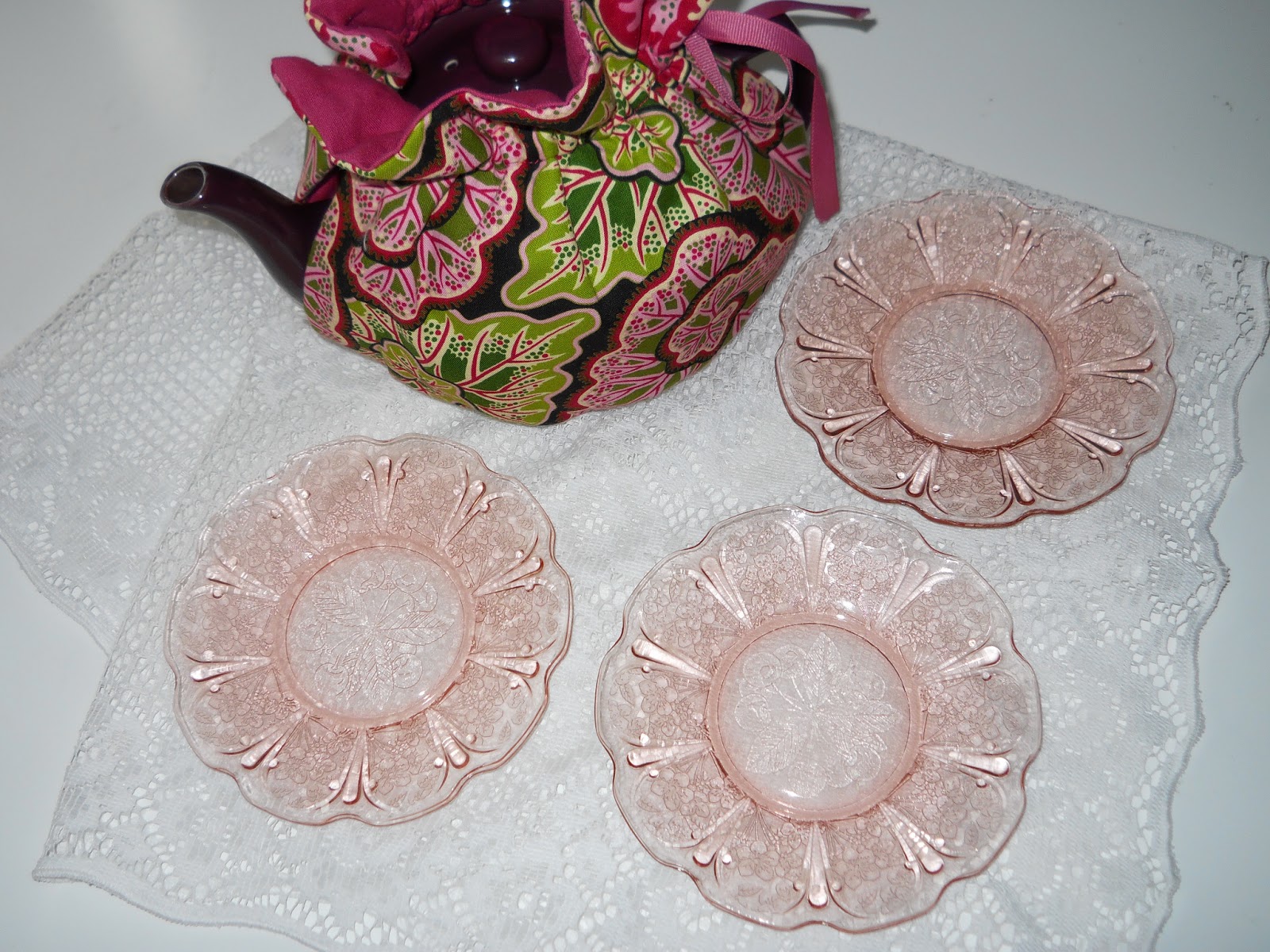 The Traveling Teapot Pink Cherry Blossom Depression Glass