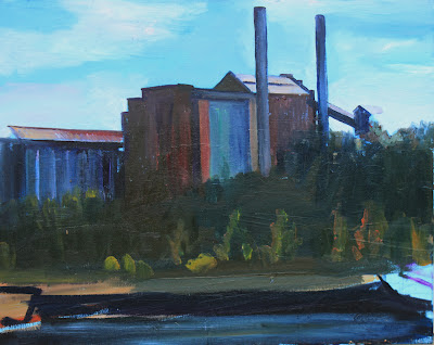 plein air painting of the White Bay Power Station from Blackwattle Bay painted by industrial heritage artist Jane Bennett