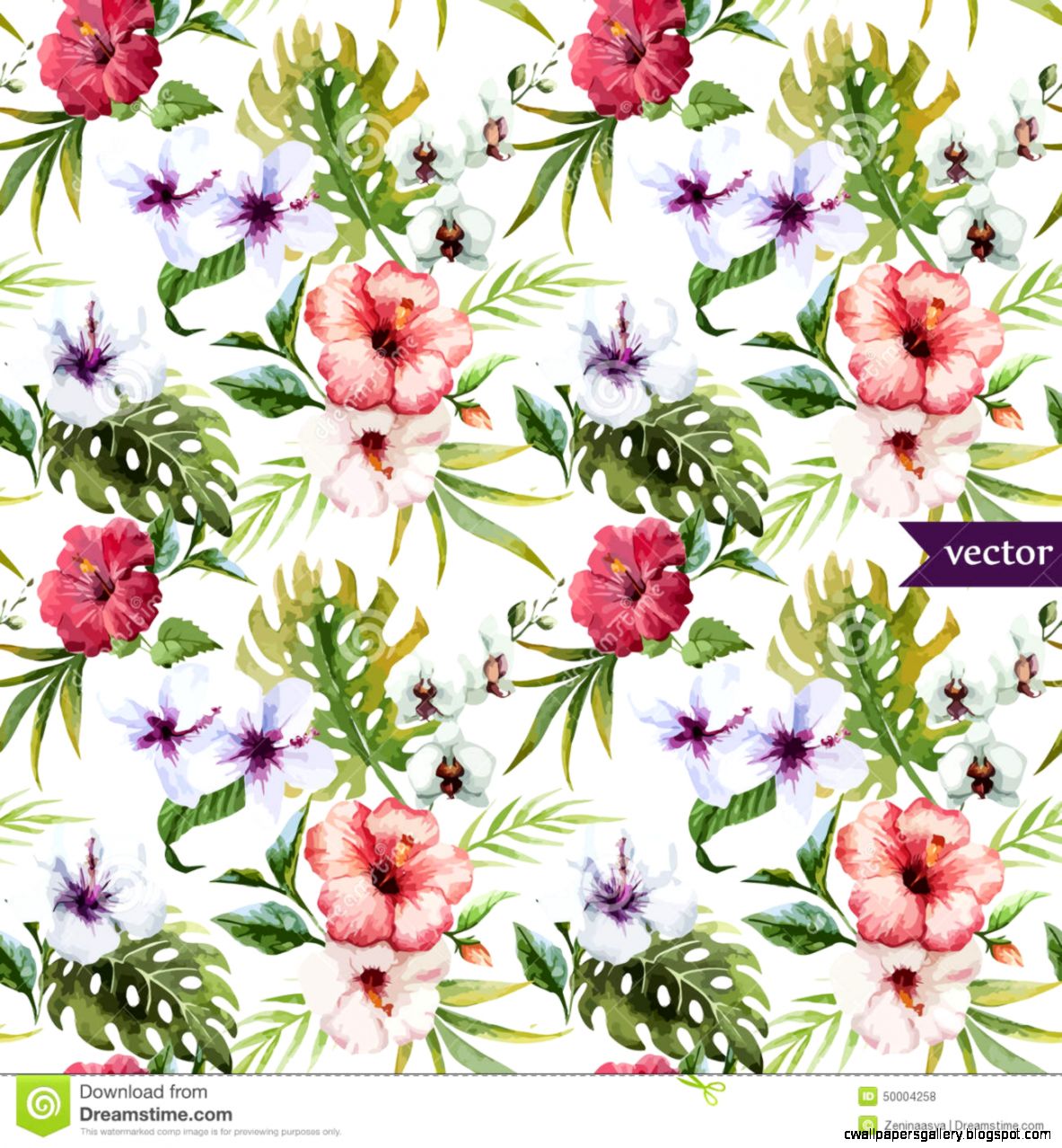 Watercolor Hibiscus Orchid White Palm Tropical Pattern Watercolor Hibiscus Orchid White Palm Tropical Pattern