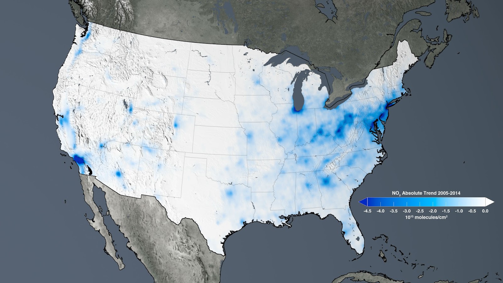 image above the trend map of the united states shows the large decreases in nitrogen dioxide concentrations tied to environmental regulations from 2005 to image above the trend map of the united states shows the large decreases in nitrogen dioxide concentrations tied to environmental regulations from 2005 to