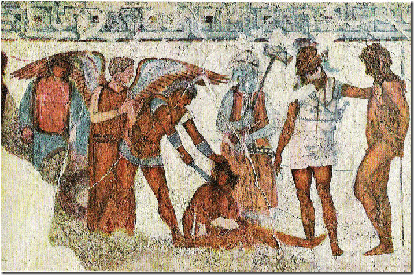 Etruski mural: Ofiara z czlowieka dla boga slonce