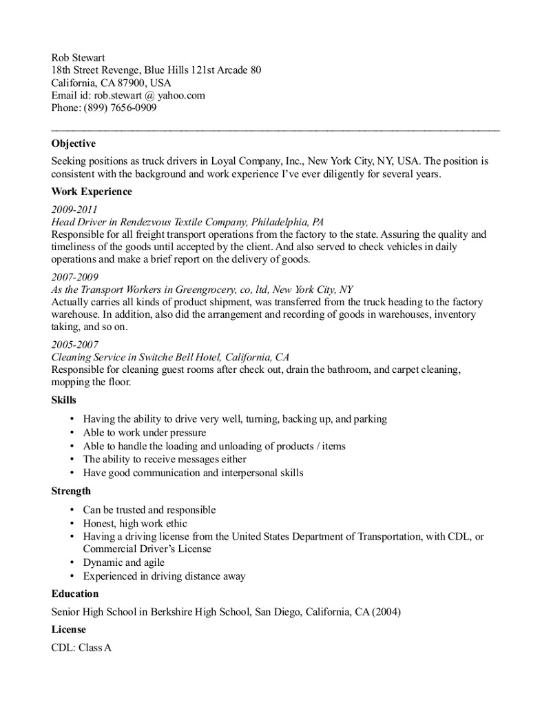 Truck driver sample resume   sample resume templates. com