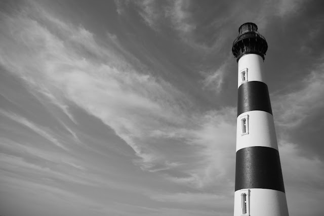 The black and white striped Bodie Island Lighthouse on the Outer Banks of North Carolina.