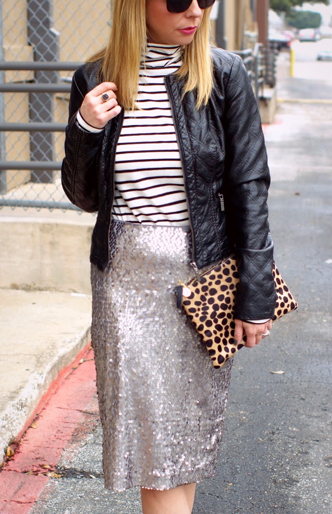 stripes, sequins and leopard print pattern mixing