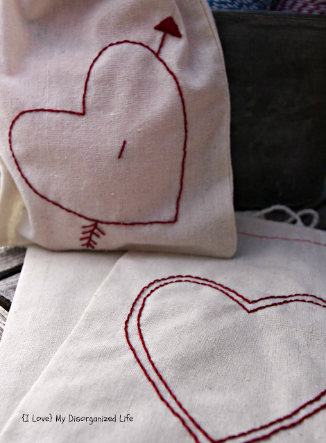 Embroidered Valentine Drawstring Bags/ {I love} My Disorganized Life #drawstringbags #valentines