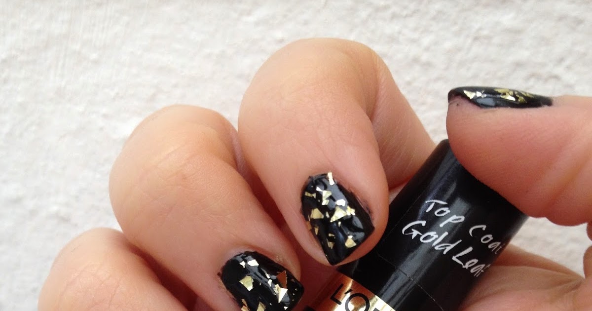 BeautySwot Gold Leaf Top Coat Over Black Nail Polish Party Nails!