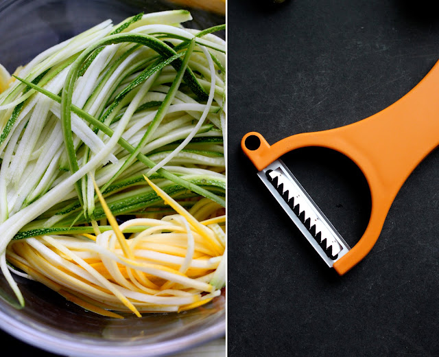 summer squash and zucchini noodles with a vegetable peeler to make Zucchini Noodles with Chicken and Tangy Peanut Sauce