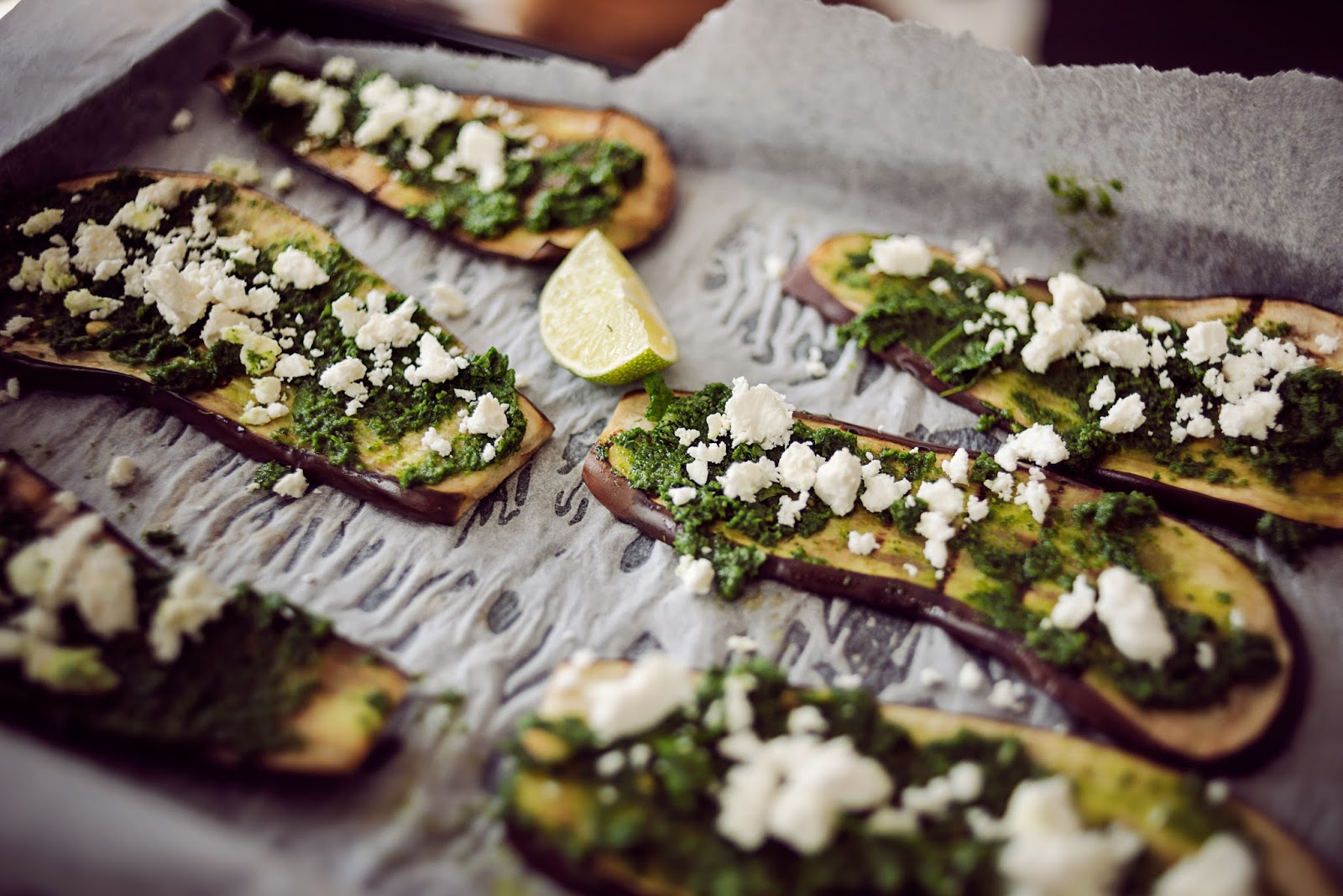 "NEVER EAT WOBBLY JELLY" AUBERGINE PESTO & FETA ROLLS