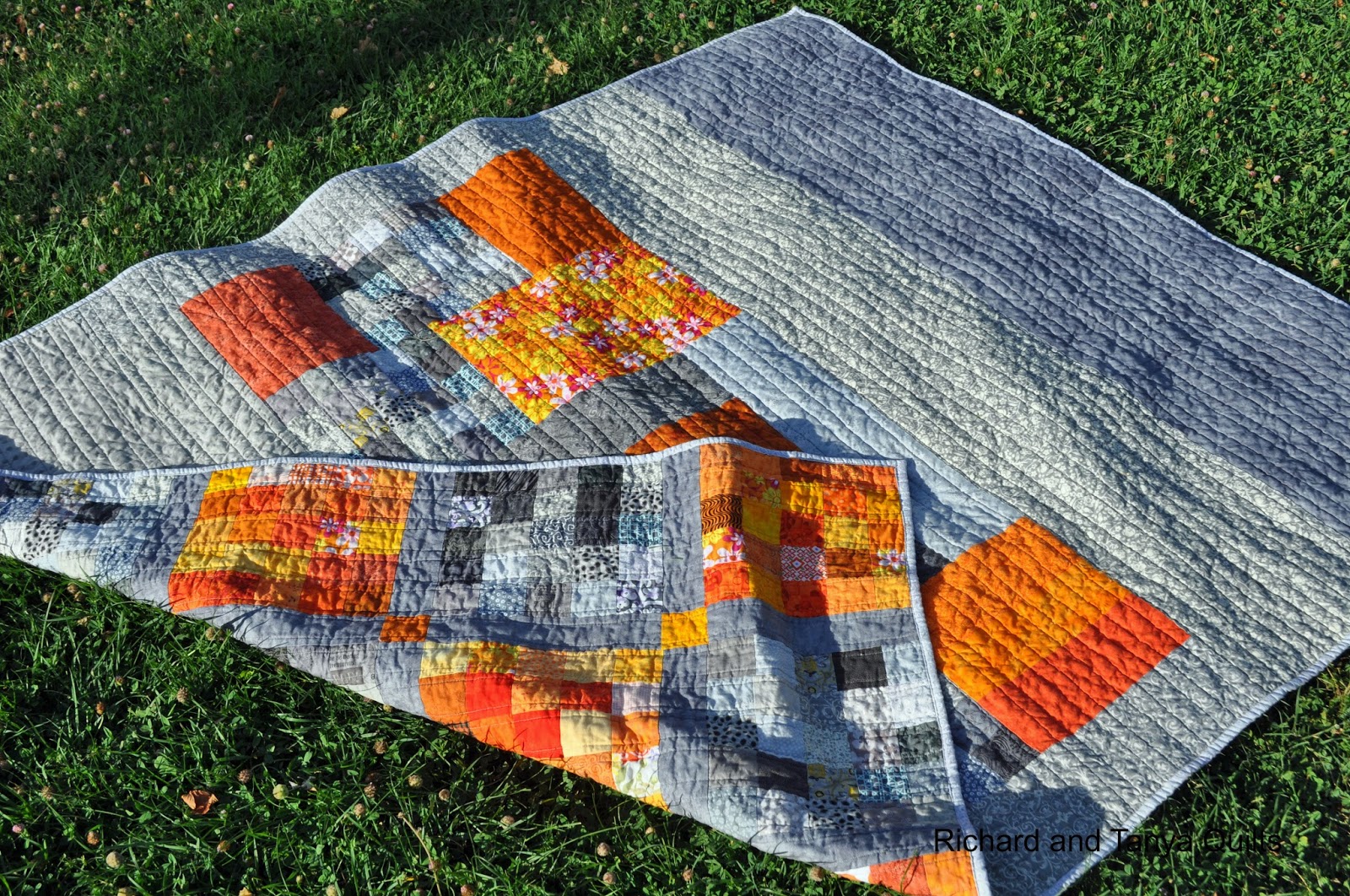 Richard and Tanya Quilts Orange and Gray Lap Quilt, Richard Sized