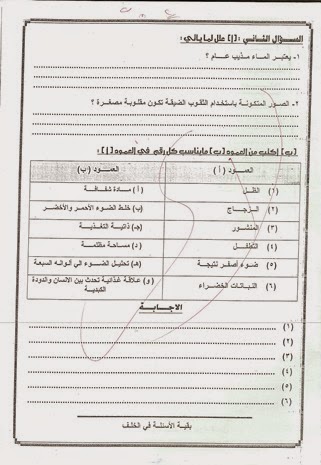 امتحان-علوم  للصف الخامس الإبتدائى تم بالفعل فى يناير2015 منهاج مصر