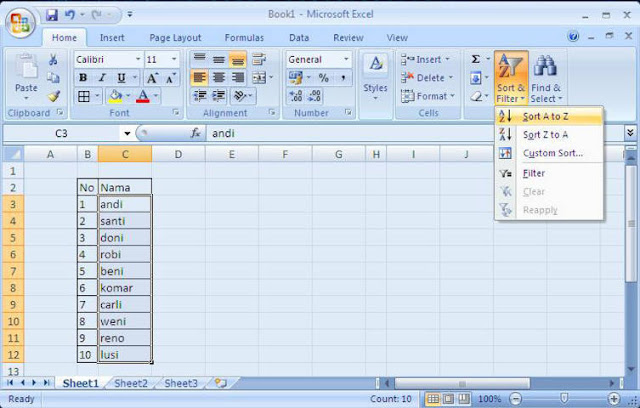 Cara Mengurutkan Nama sesuai Abjad di Microsoft Excel 2007