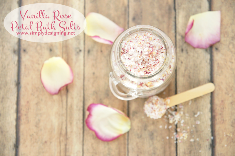 Vanilla Rose Petal Bath Salts in a jar with a wooden spoon viewed from top of jar