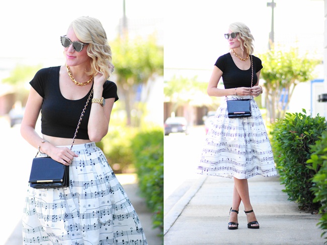 Chic Wish 2015 SS Dance With Music Notes Pleated Midi Skirt 