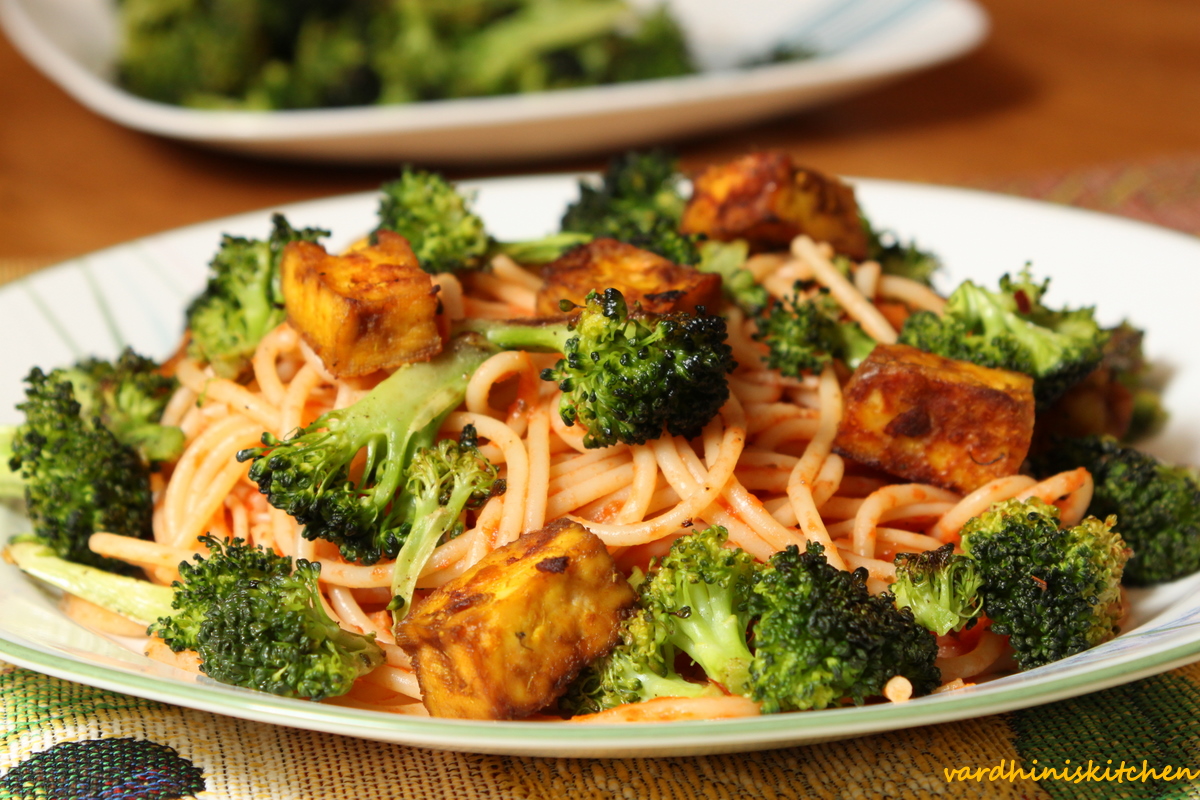 Cooks Joy Spaghetti with roasted broccoli and tofu