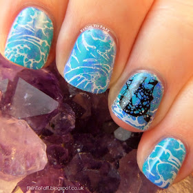 A derelict ghost pirate ship, sailing on turbulent stormy seas nail art for the Avast Ye Bilge Rats pirate-themed nail art challenge.