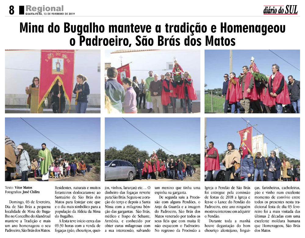 FESTA DO DIA 03 DE FEVEREIRO EM HONRA DE SÃO BRÁS DOS MATOS FAZ CAPA NO JORNAL «DIÁRIO DO SUL».