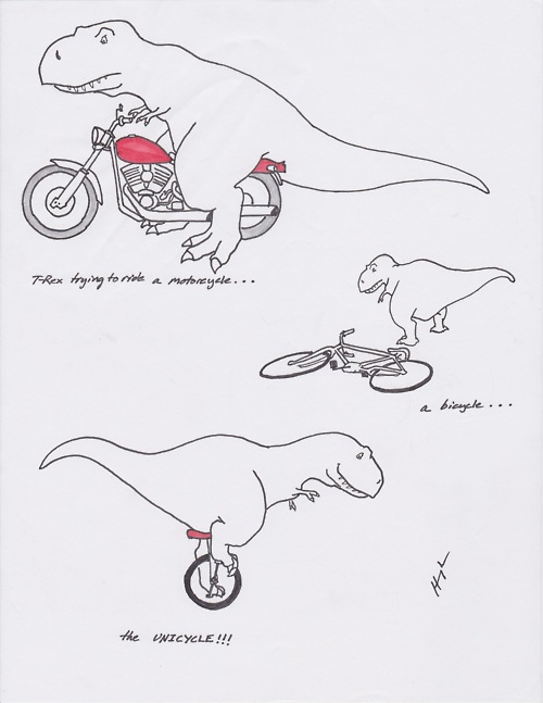 TRex trying to ride a motorcycle bike unicycle