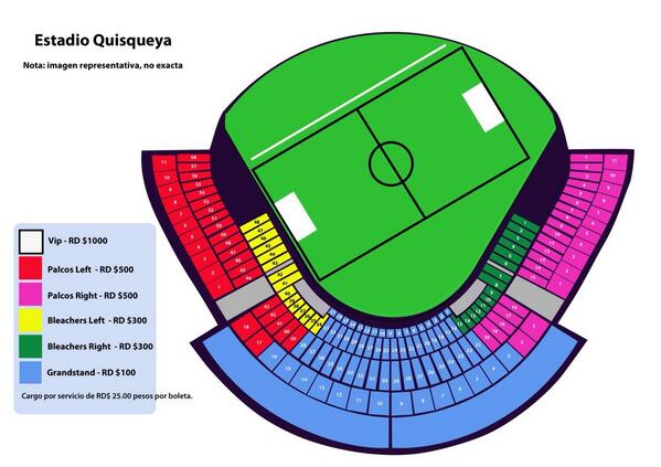 Mapa oficial con los Precios por secciones Estadio Quisqueya-Amistoso RD vs Costa Rica 14.8.2013