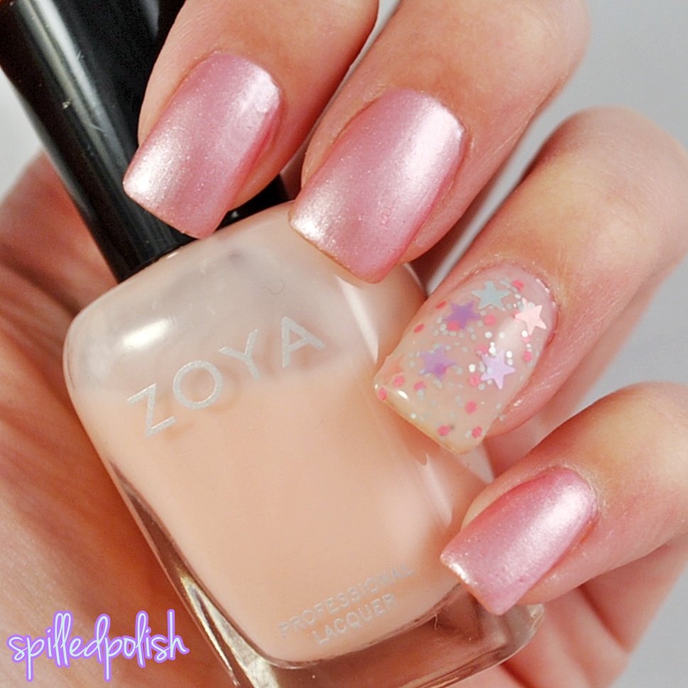 spilledpolish Pale Pink Pearl Nails with Dawn's Glimmer Accent Nail