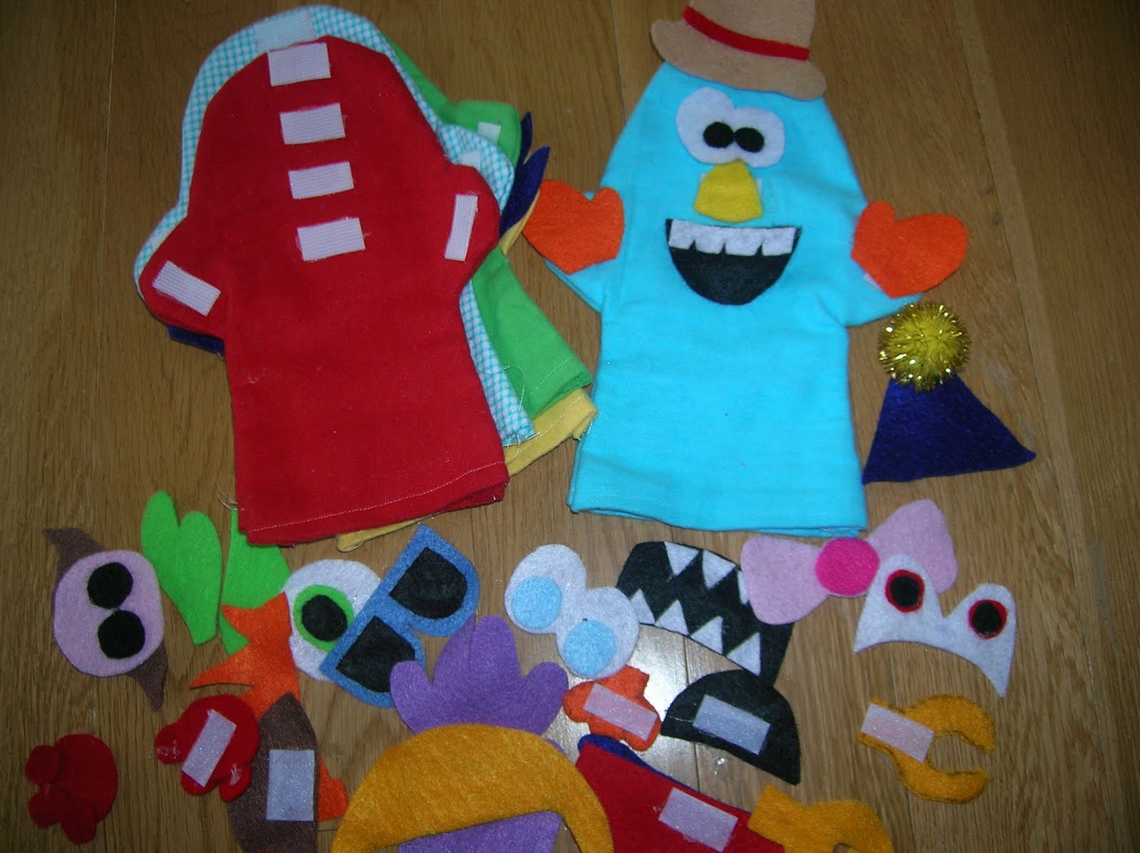 Monster puppets with Velcro so you can change up their features. Fun