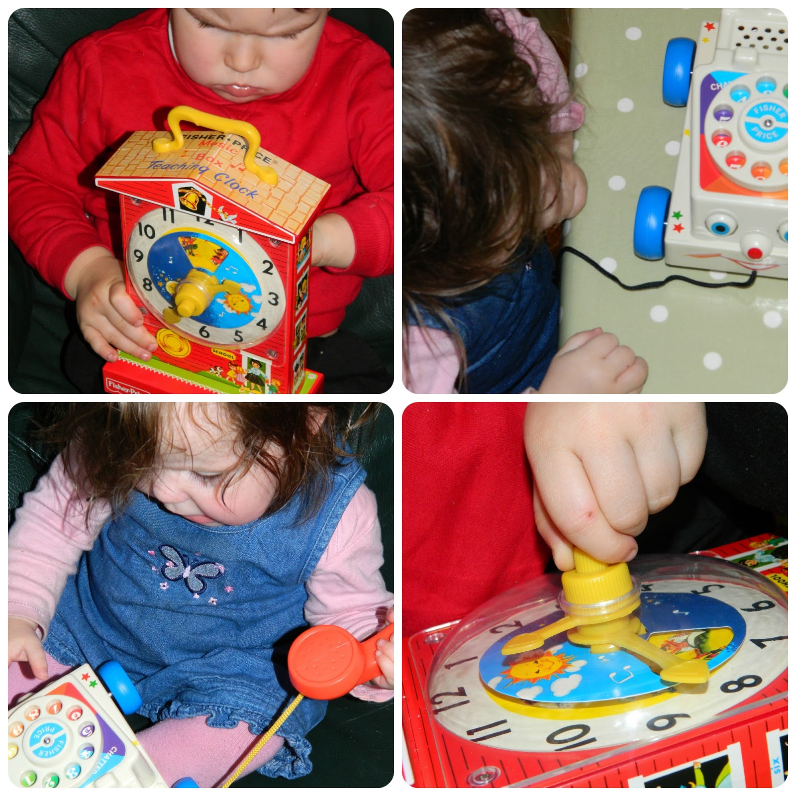 Bud and Little Miss playing with the Fisher-Price Retro Classics Chatter Telephone and Music Box Teaching Clock