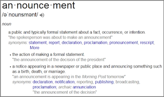 arti annoucement dalam bahasa Inggris