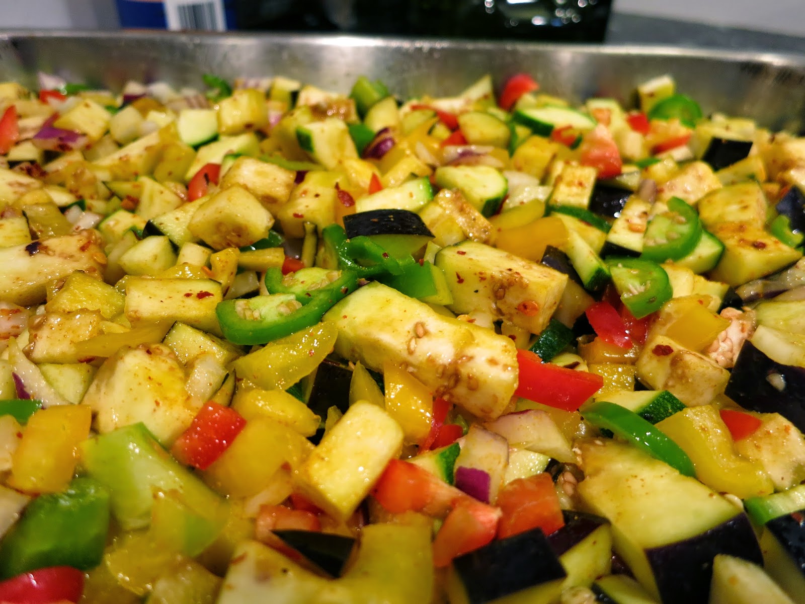 Geetha's Kitchen Eggplant, zucchini, Red Bell Pepper and Red Onion