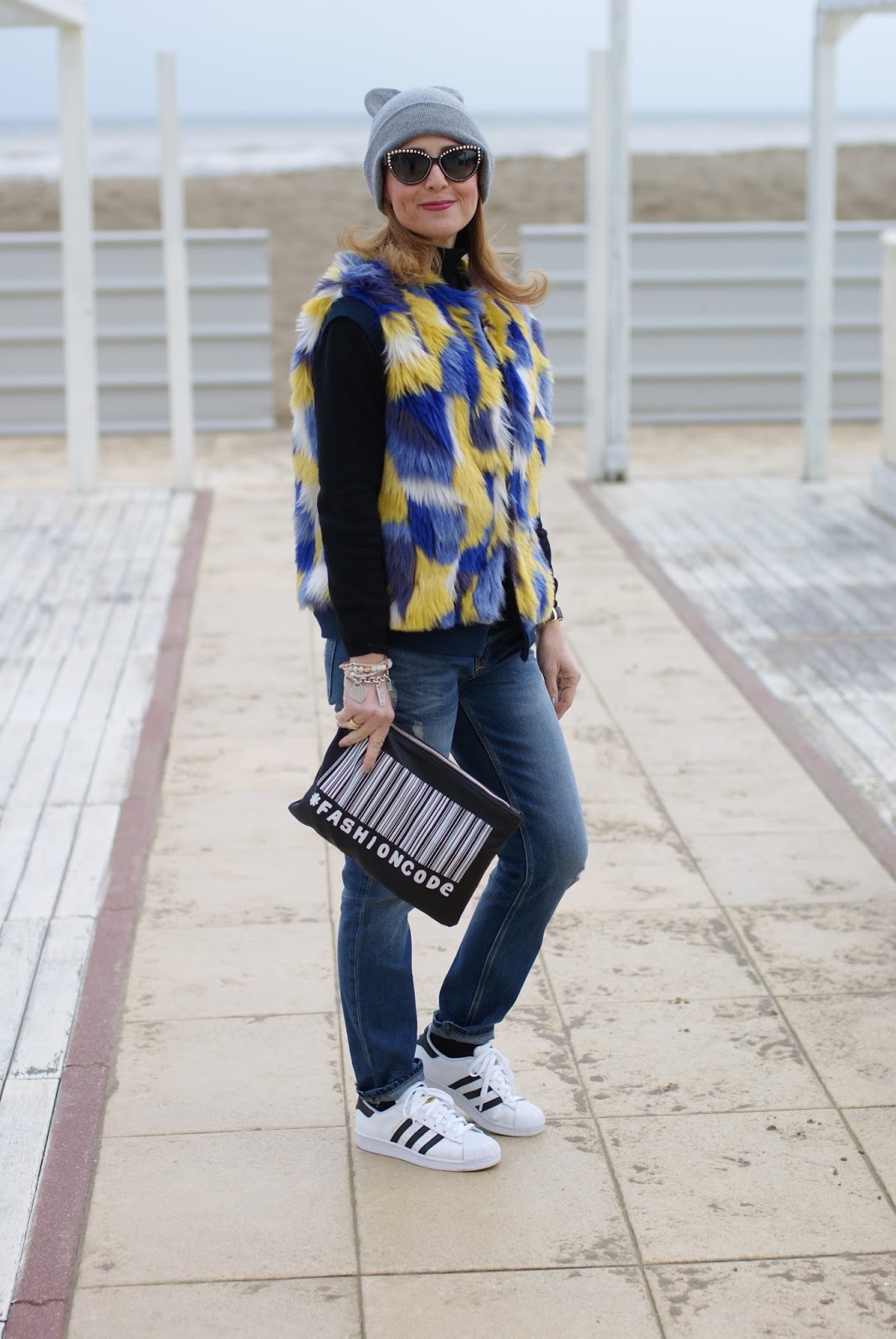 Adidas Superstar, faux fur vest and cat ear beanie on Fashion and Cookies fashion blog, fashion blogger style